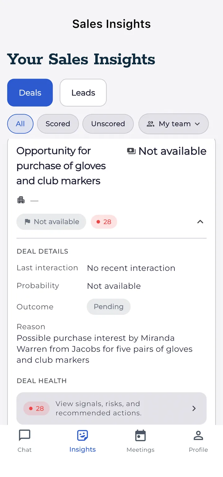 Huscribe Sales Insights screen: a deal with its health score, probability, outcome and recommended actions