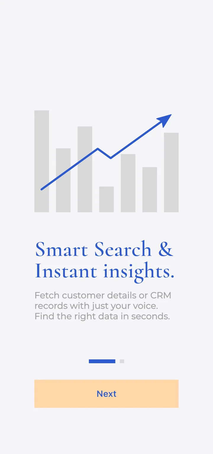 Huscribe onboarding screen: Smart search and instant insights — fetch CRM records with your voice