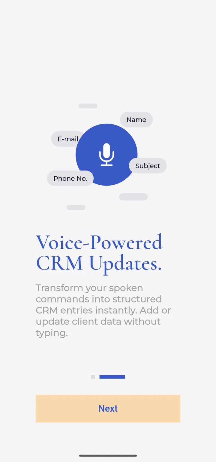 Huscribe onboarding screen: Voice-powered CRM updates — a microphone surrounded by name, e-mail, phone and subject fields